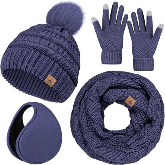 Winter Hat Scarf Gloves and Ear Warmer Denim Blue - Picture 1 of 6